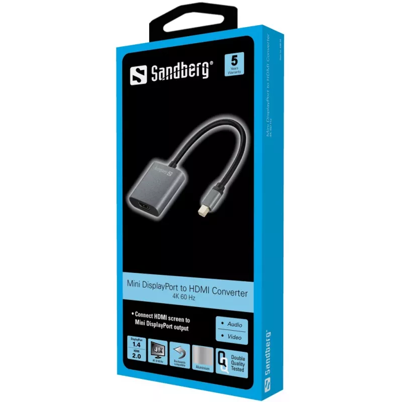 Sandberg Adapter MiniDP1.4>HDMI2.0 4K60, Mini DisplayPort, HDMI Type A (Standard), Męski, Żeński, 3840 x 2160 pikseli, 6 Gbit/s