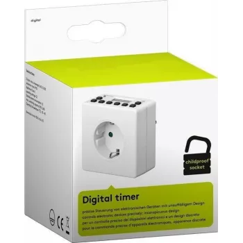 Inteligentne gniazdo MicroConnect GRUTIMER3 — wewnętrzne gniazdo czasowe z LCD, 110×81×78 mm, biały