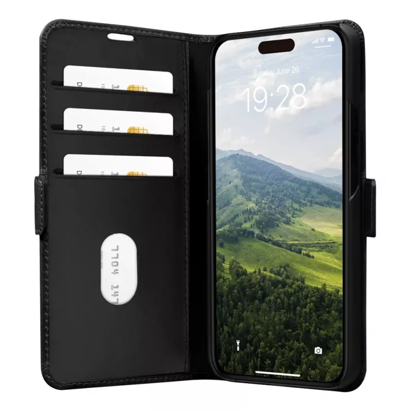 Etui folio dbramante1928 Copenhagen do iPhone 15 Plus — czarne, 3 kieszenie na karty
