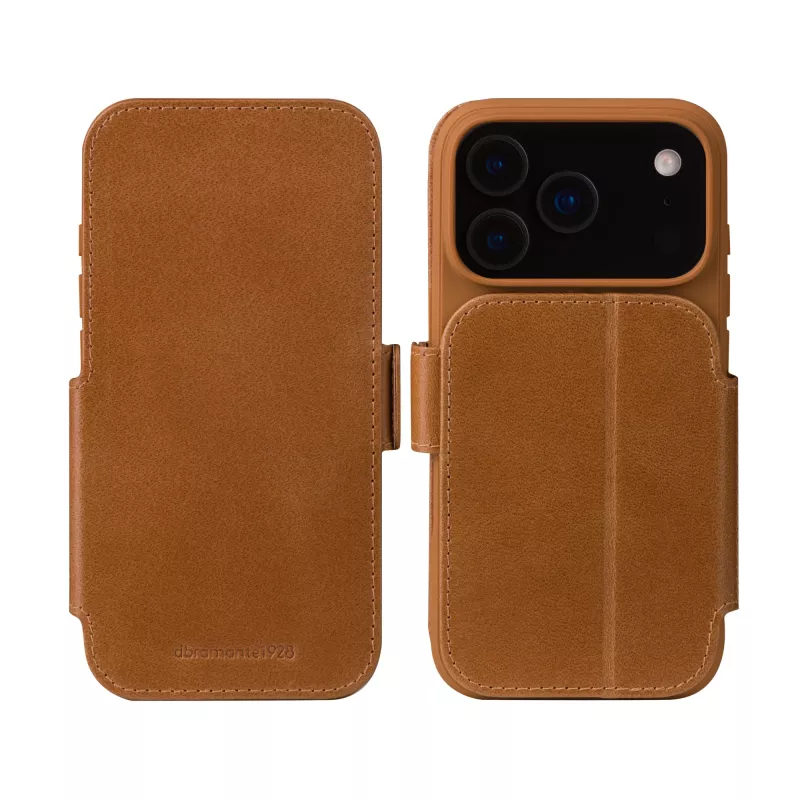Etui portfelowe dbramante1928 Copenhagen do iPhone 17 Pro Max — Tan, 3 kieszenie na karty, podstawka biurkowa