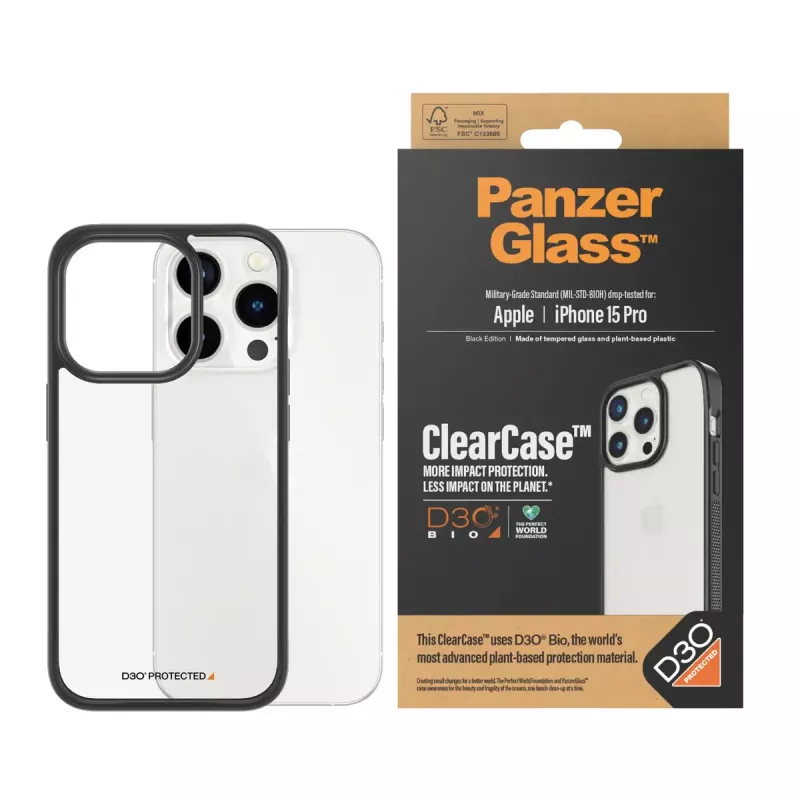 PanzerGlass ® ClearCase Transparent w. Czarny Frame & D3O® iPhone 15 Pro