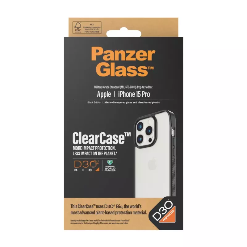 PanzerGlass ® ClearCase Transparent w. Czarny Frame & D3O® iPhone 15 Pro