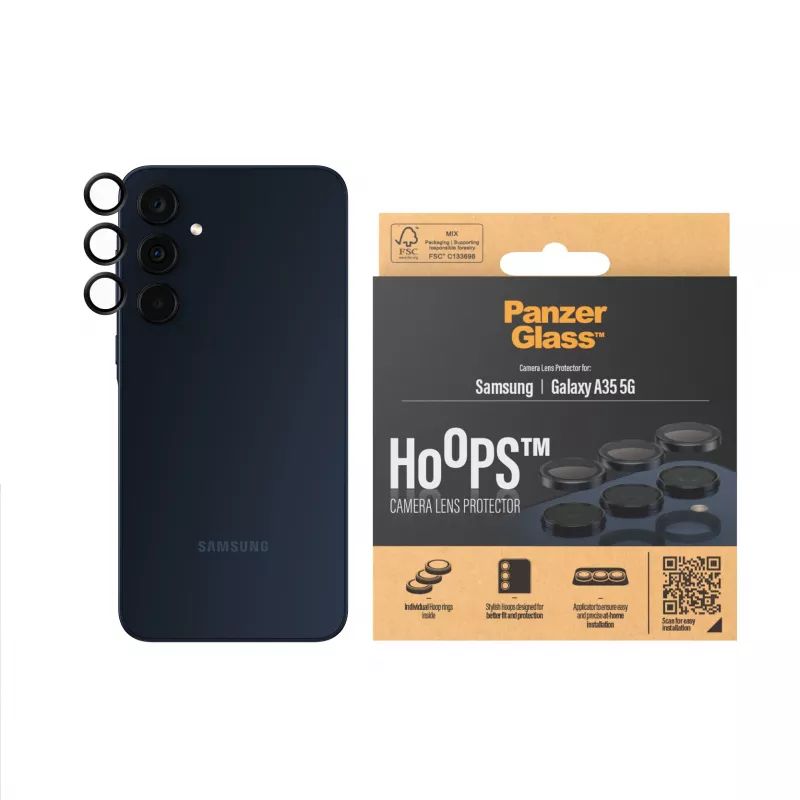 Osłona obiektywu aparatu PanzerGlass Hoops dla Samsung Galaxy A35 5G, szkło hartowane, czarna ramka