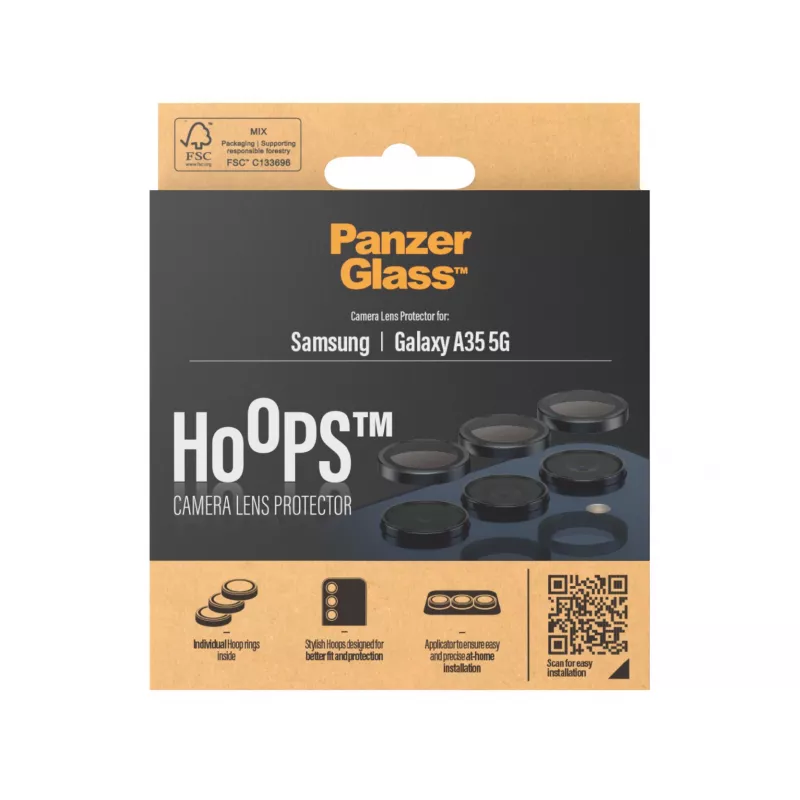 Osłona obiektywu aparatu PanzerGlass Hoops dla Samsung Galaxy A35 5G, szkło hartowane, czarna ramka