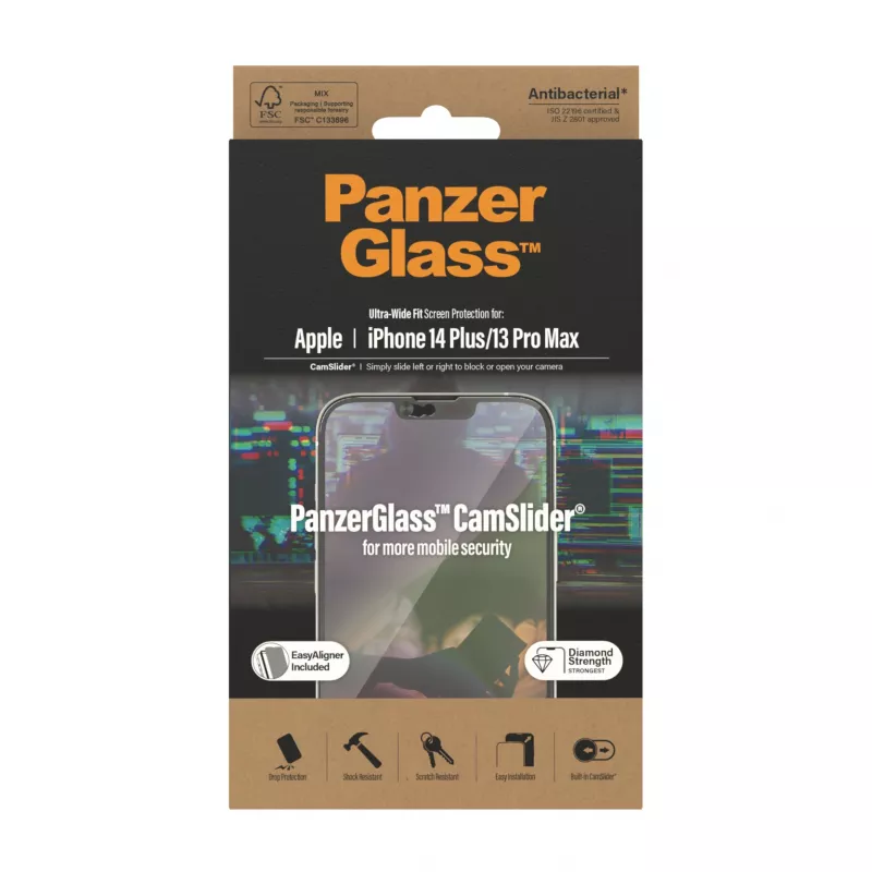 Przezroczysta folia ochronna PanzerGlass CamSlider do Apple iPhone 14 Plus / 13 Pro Max, hartowane szkło 6,68 cala, PET, antybakteryjna