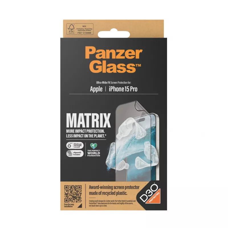 PanzerGlass ® ECO MATRIX Ochrona ekranu z D3O® iPhone 15 Pro | Ultra-Wide Fit z AlignerKit