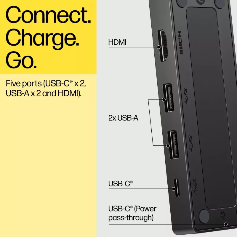 USB-C Travel Hub G3 — HP, host USB 3.2 Gen 2 Type-C, HDMI, USB-A, PD do 65 W, 116×41,9×14,5 mm