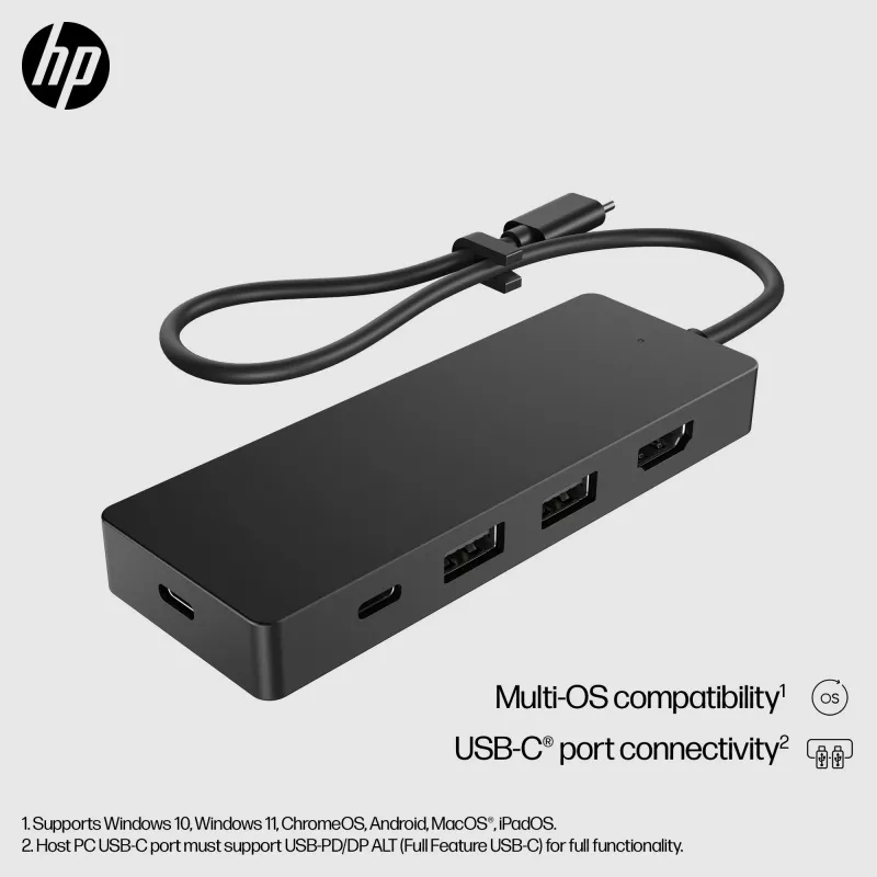 USB-C Travel Hub G3 — HP, host USB 3.2 Gen 2 Type-C, HDMI, USB-A, PD do 65 W, 116×41,9×14,5 mm