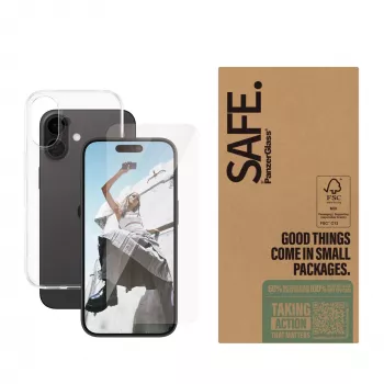 Przezroczysty zestaw folii ochronnych PanzerGlass SAFE. by ® do iPhone 16 — szkło hartowane + PET + silikon, przezroczysty, 50 szt.