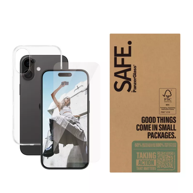 Przezroczysty zestaw folii ochronnych PanzerGlass SAFE. by ® do iPhone 16 — szkło hartowane + PET + silikon, przezroczysty, 50 szt.