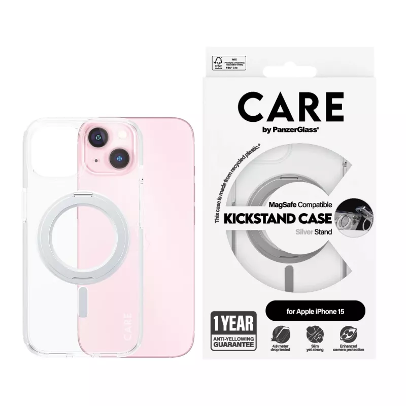 PanzerGlass CARE™ by ® etui Transparent w. srebrny Kickstand & MagSafe iPhone 15