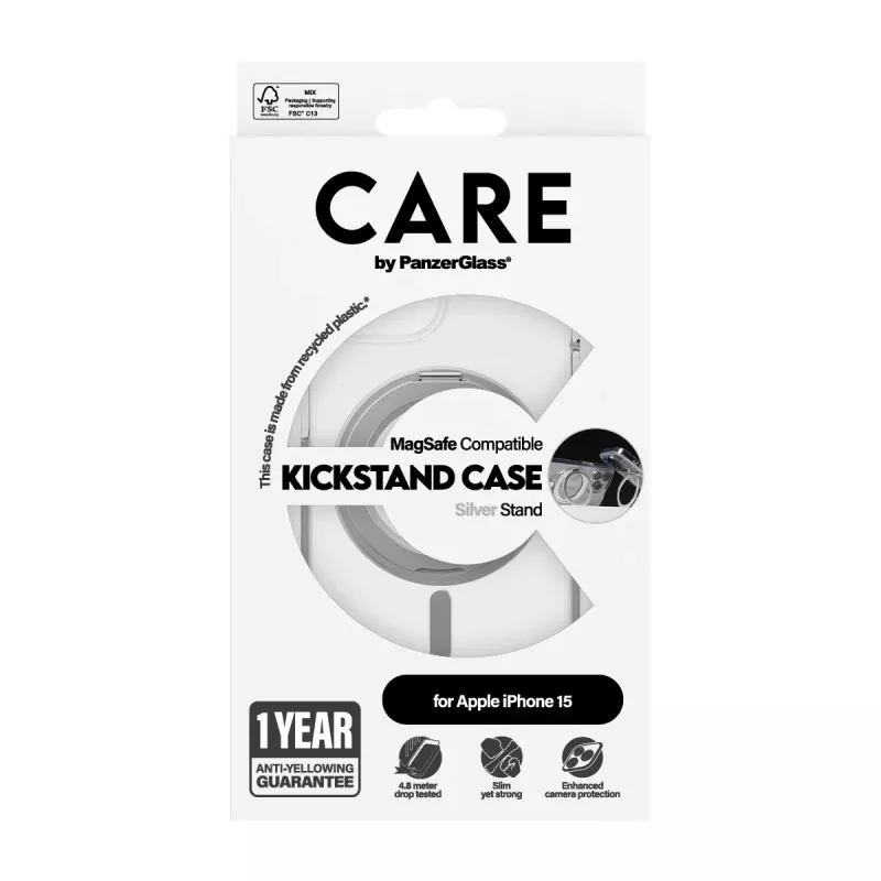 PanzerGlass CARE™ by ® etui Transparent w. srebrny Kickstand & MagSafe iPhone 15