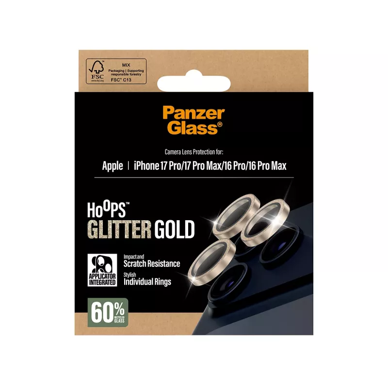 PanzerGlass ® Hoops® ochrona obiektywu aparatu Glitter Gold iPhone 17 Pro | iPhone 17 Pro Max | iPhone 16 Pro | 16 Pro Max