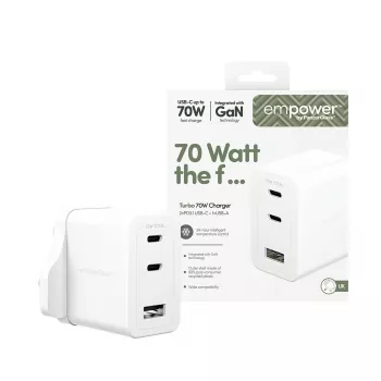 PanzerGlass empower™ by ® Turbo 70W Multiple Charger incl. 2 x USB-C + USB-A | UK Plug | srebrny biały