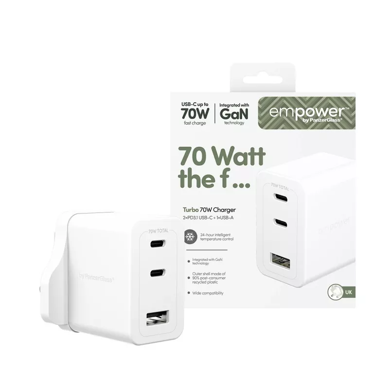 PanzerGlass empower™ by ® Turbo 70W Multiple Charger incl. 2 x USB-C + USB-A | UK Plug | srebrny biały