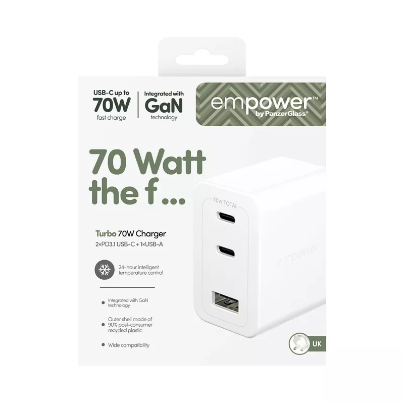 PanzerGlass empower™ by ® Turbo 70W Multiple Charger incl. 2 x USB-C + USB-A | UK Plug | srebrny biały