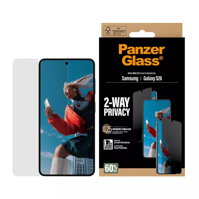 PanzerGlass 2-Way Privacy Ochrona ekranu do Samsung Galaxy S26 — Ultra-Wide Fit, PET + Silikon, odporne na zarysowania i wstrząsy