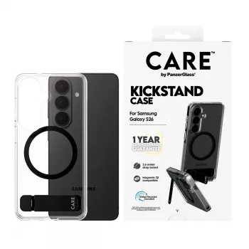 Pokrowiec ochronny PanzerGlass CARE™ Urban Explorer Case do Samsung Galaxy S26, przezroczysty z czarną podstawką i wsparciem Qi