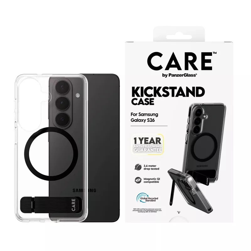 Pokrowiec ochronny PanzerGlass CARE™ Urban Explorer Case do Samsung Galaxy S26, przezroczysty z czarną podstawką i wsparciem Qi