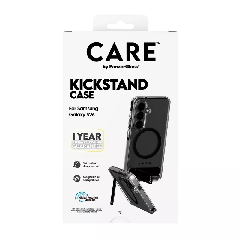 Pokrowiec ochronny PanzerGlass CARE™ Urban Explorer Case do Samsung Galaxy S26, przezroczysty z czarną podstawką i wsparciem Qi