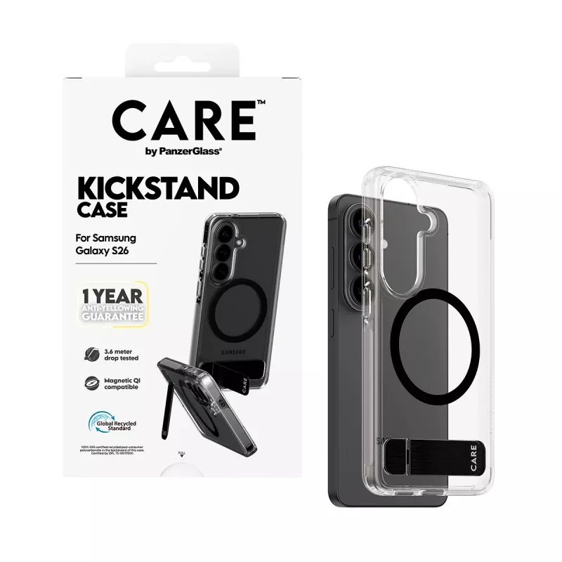 Pokrowiec ochronny PanzerGlass CARE™ Urban Explorer Case do Samsung Galaxy S26, przezroczysty z czarną podstawką i wsparciem Qi