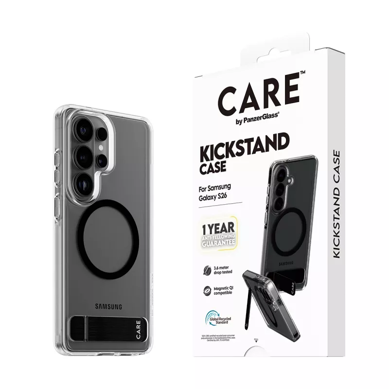 Pokrowiec ochronny PanzerGlass CARE™ Urban Explorer Case do Samsung Galaxy S26, przezroczysty z czarną podstawką i wsparciem Qi