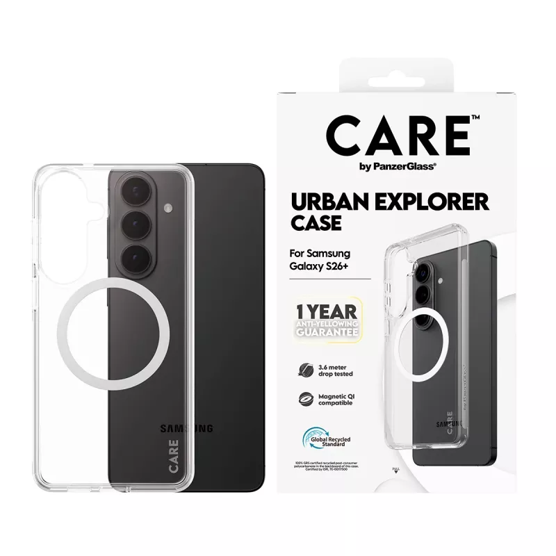 Pokrowiec ochronny PanzerGlass CARE Urban Explorer Case do Samsung Galaxy S26+ — przezroczysty, kompatybilny z Qi w kolorze białym