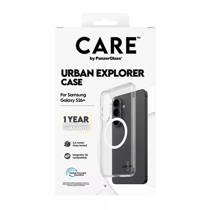 Pokrowiec ochronny PanzerGlass CARE Urban Explorer Case do Samsung Galaxy S26+ — przezroczysty, kompatybilny z Qi w kolorze białym