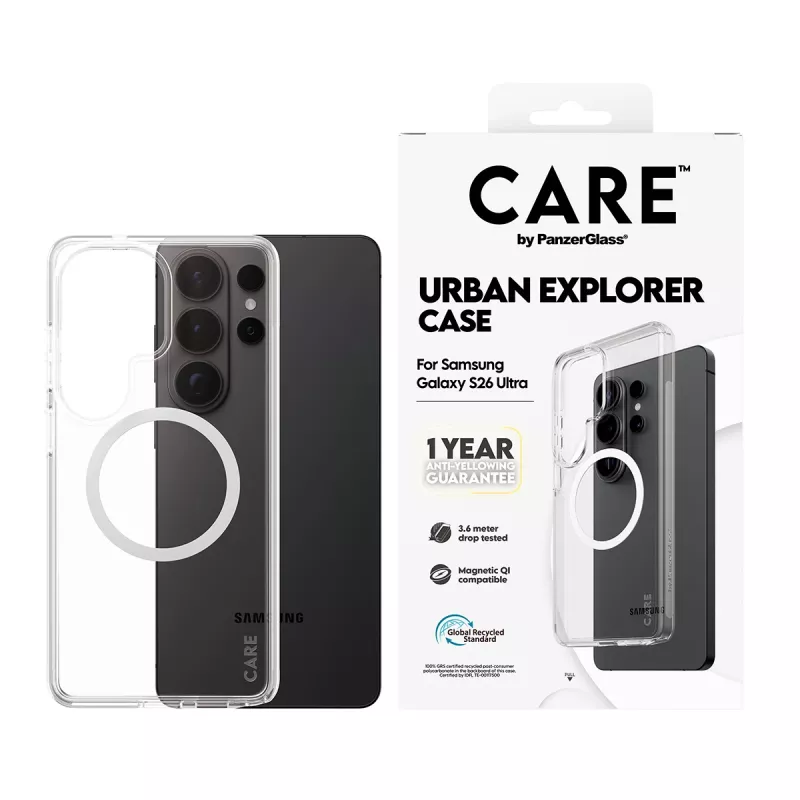 Etui na telefon PanzerGlass CARE™ by Urban Explorer — Przezroczyste etui z biały Qi dla Samsung Galaxy S26 Ultra