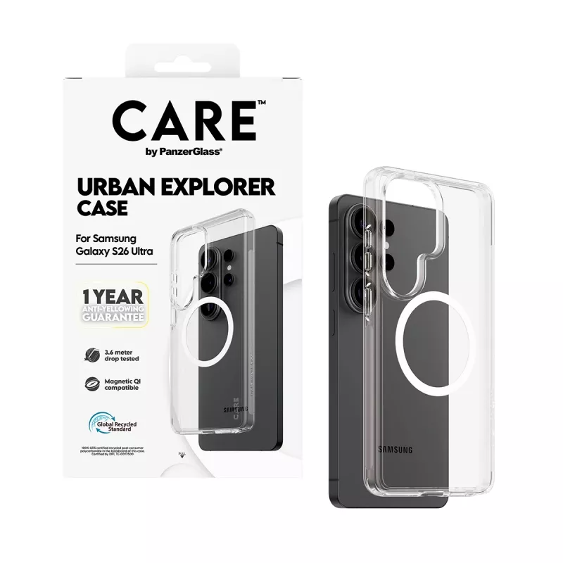 Etui na telefon PanzerGlass CARE™ by Urban Explorer — Przezroczyste etui z biały Qi dla Samsung Galaxy S26 Ultra