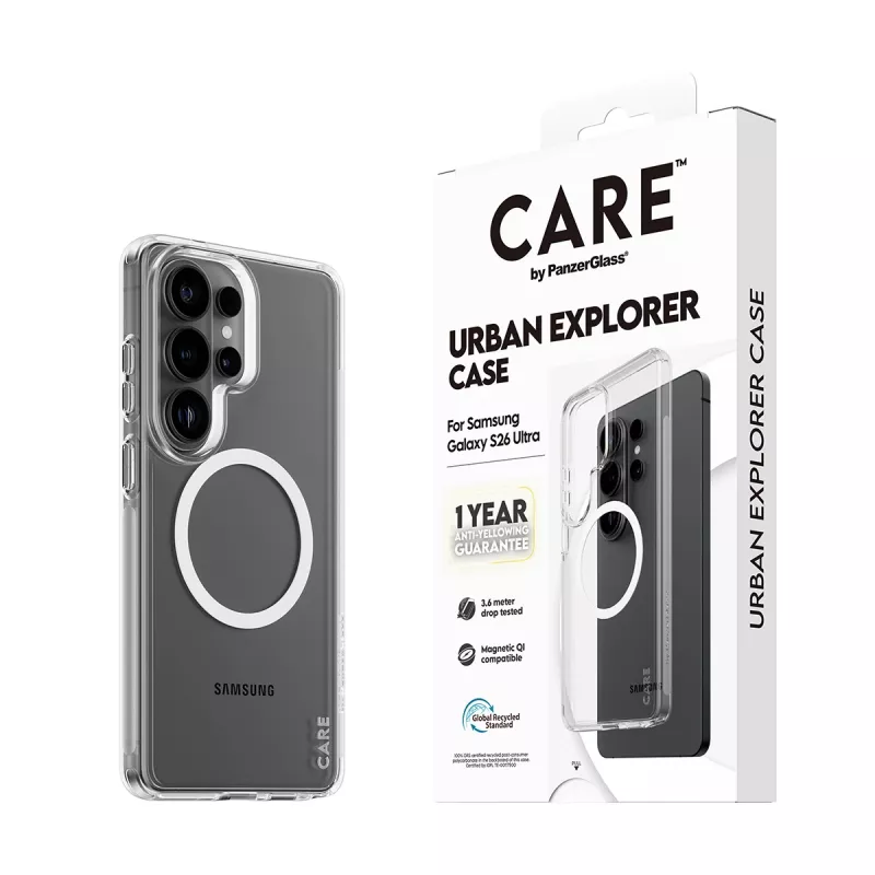 Etui na telefon PanzerGlass CARE™ by Urban Explorer — Przezroczyste etui z biały Qi dla Samsung Galaxy S26 Ultra