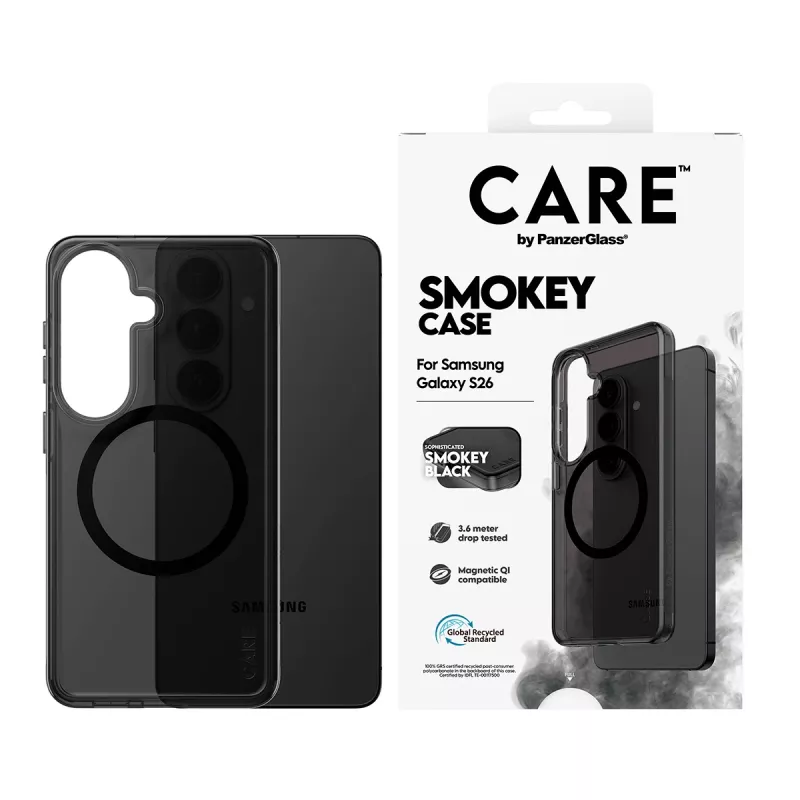 Ochronne etui na telefon PanzerGlass CARE™ Smokey Case z czarnym Qi dla Samsung Galaxy S26