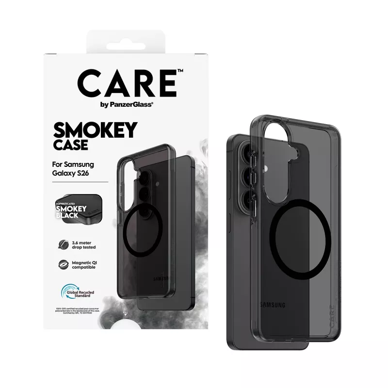 Ochronne etui na telefon PanzerGlass CARE™ Smokey Case z czarnym Qi dla Samsung Galaxy S26
