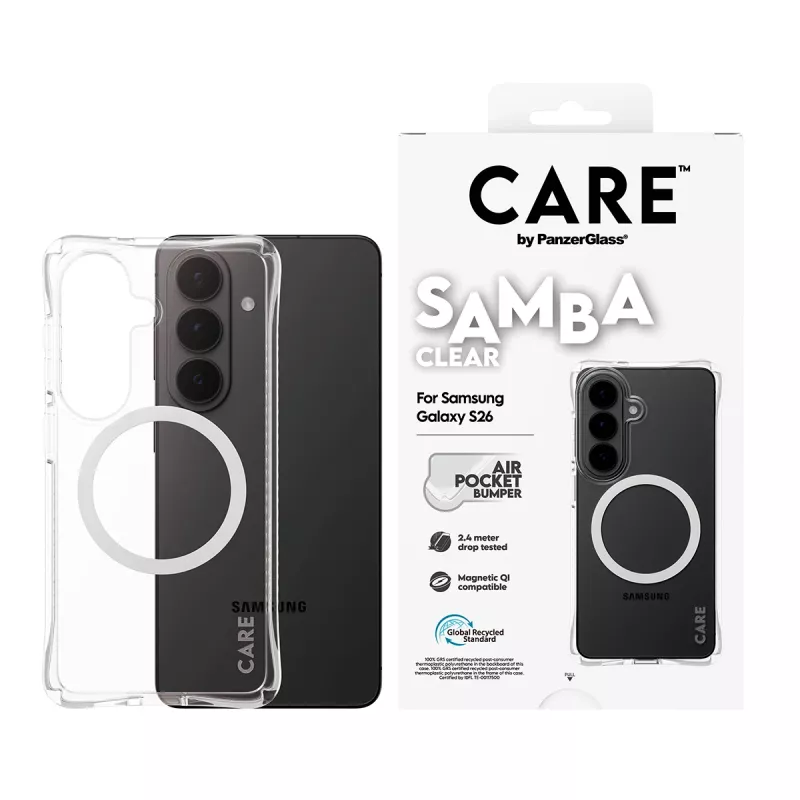 Ochronne etui na telefon PanzerGlass CARE Samba Transparent z białą wersją Qi do Samsung Galaxy S26