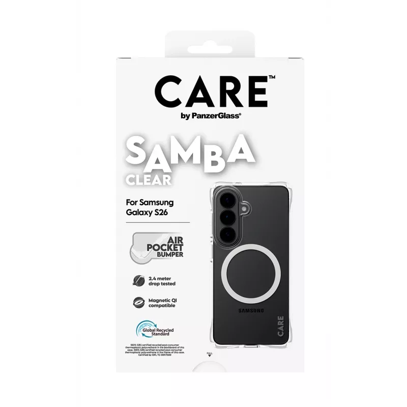 Ochronne etui na telefon PanzerGlass CARE Samba Transparent z białą wersją Qi do Samsung Galaxy S26