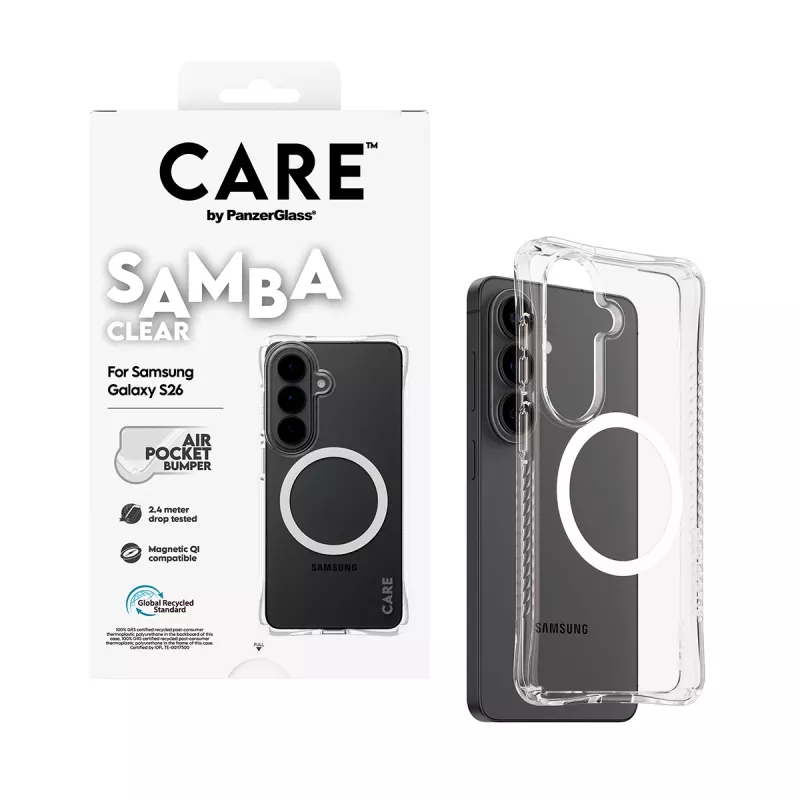 Ochronne etui na telefon PanzerGlass CARE Samba Transparent z białą wersją Qi do Samsung Galaxy S26