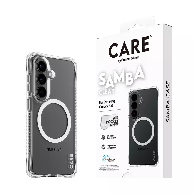 Ochronne etui na telefon PanzerGlass CARE Samba Transparent z białą wersją Qi do Samsung Galaxy S26