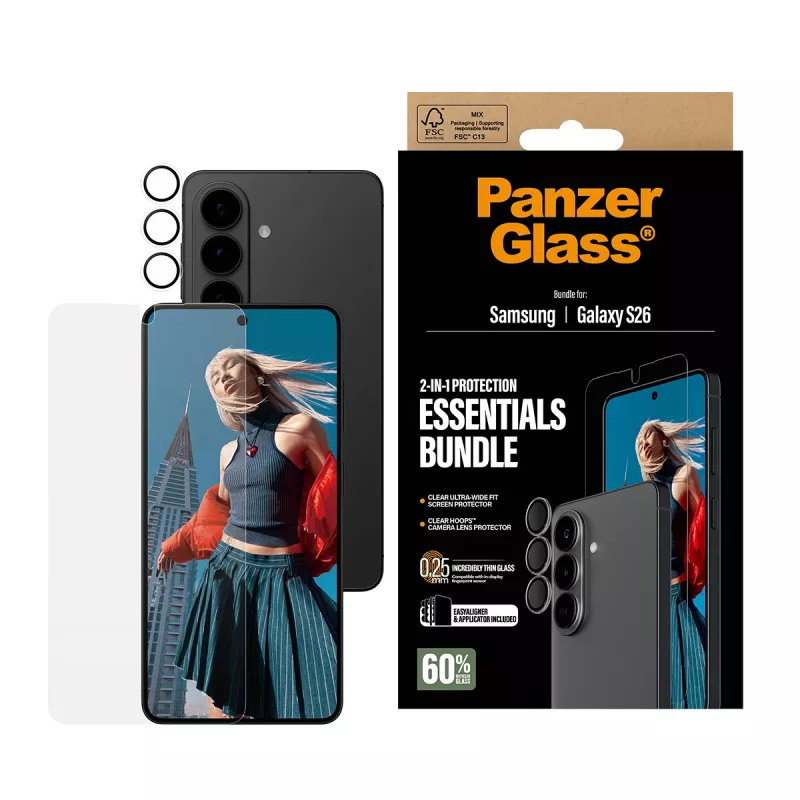 Zestaw ochronny ekranu PanzerGlass do Samsung Galaxy S26 — Hoops 2-w-1 Ultra-Wide Fit, szkło hartowane + warstwy PET/silikon