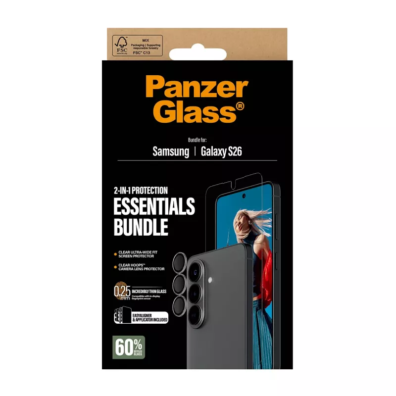 Zestaw ochronny ekranu PanzerGlass do Samsung Galaxy S26 — Hoops 2-w-1 Ultra-Wide Fit, szkło hartowane + warstwy PET/silikon