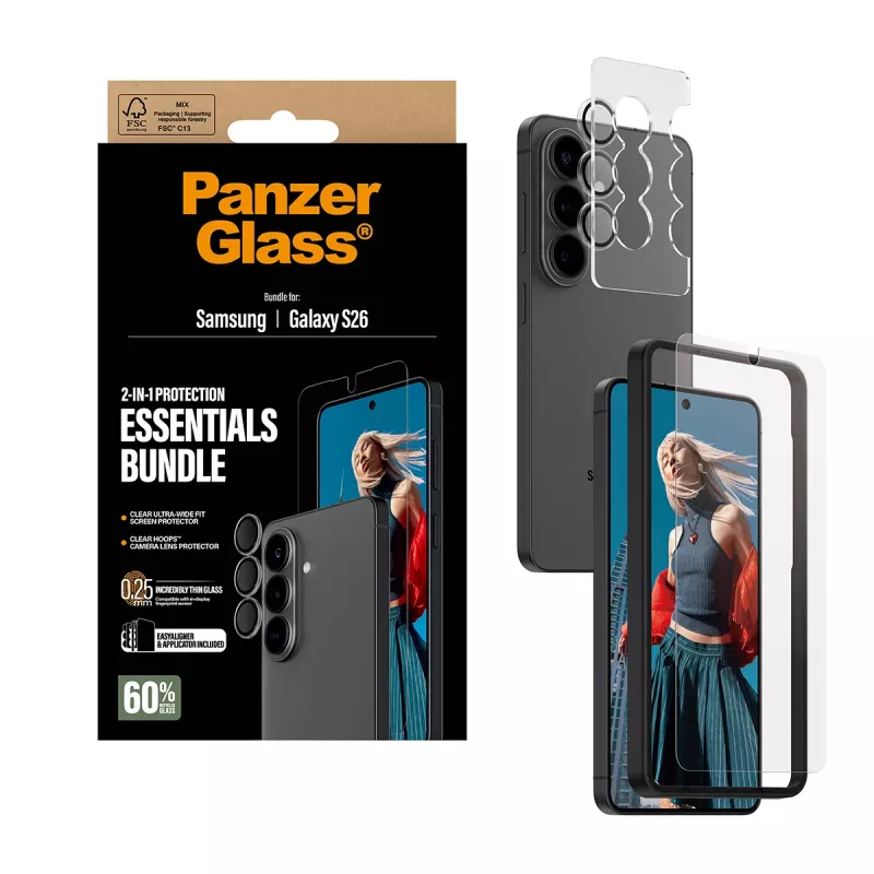 Zestaw ochronny ekranu PanzerGlass do Samsung Galaxy S26 — Hoops 2-w-1 Ultra-Wide Fit, szkło hartowane + warstwy PET/silikon