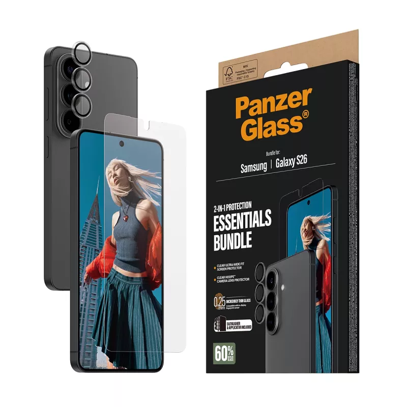 Zestaw ochronny ekranu PanzerGlass do Samsung Galaxy S26 — Hoops 2-w-1 Ultra-Wide Fit, szkło hartowane + warstwy PET/silikon