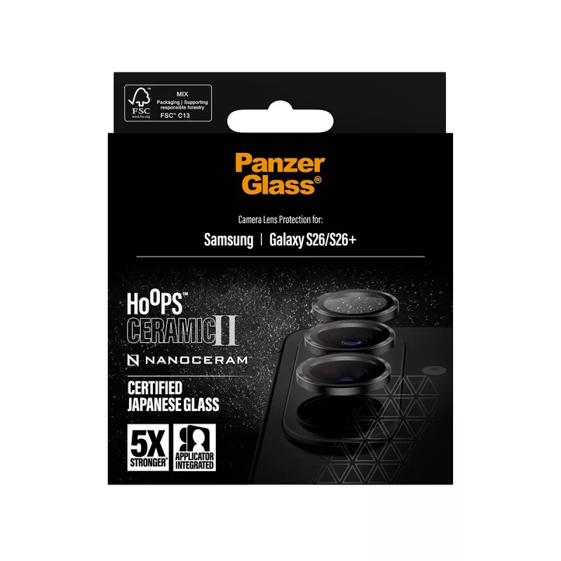Ochrona obiektywu aparatu PanzerGlass Hoops Ceramic II dla Samsung Galaxy S26 / S26+, szkło hartowane, silikon, przezroczysta