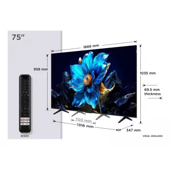 TCL P7K 75P7K TV 190.5 cm (75 cali) 4K Ultra HD Smart TV Wi-Fi Metaliczny 450 cd/m²