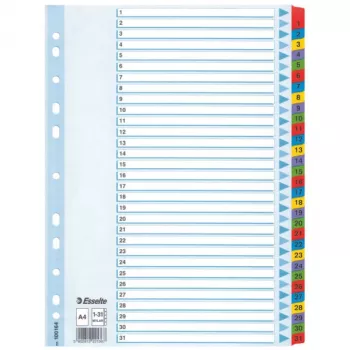 Esselte Index 1-31 Kartonowe przekładki z tworzywa Mylar A4, Numerowane, Karton, Wielokolorowy, A4, 225 mm, 297 mm