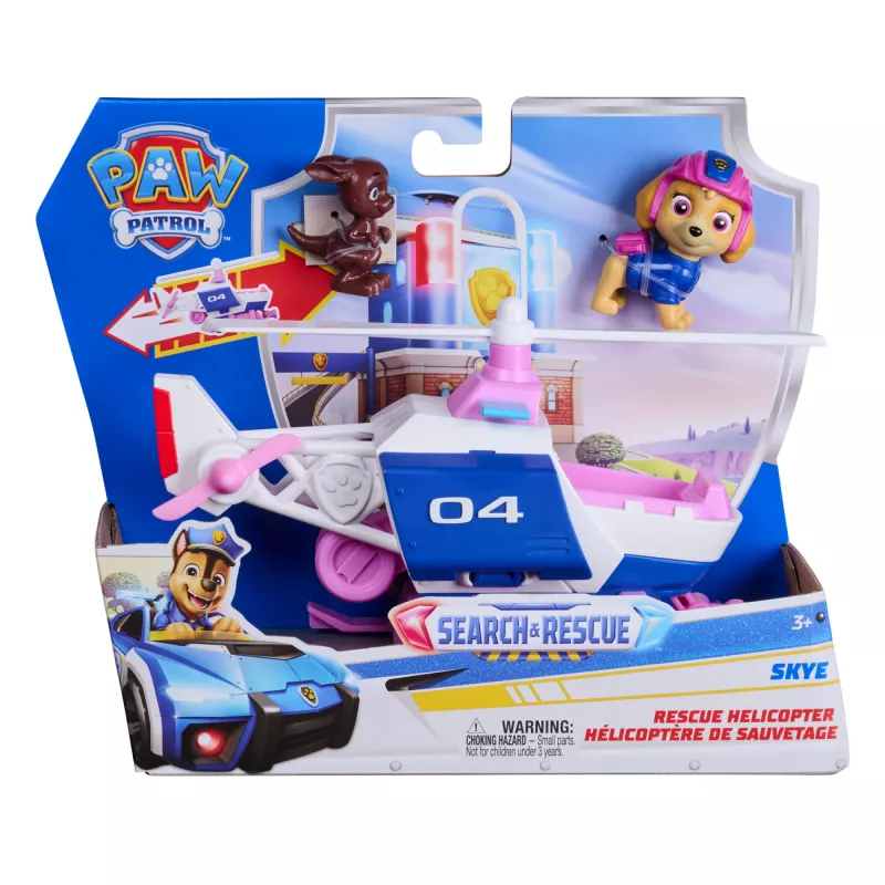 PAW Patrol : Search & Rescue, helikopter ratunkowy Skye z 2 figurkami, zabawka helikopter bohatera z akcją pull-back, zabawki dla dzieci dla chłopców i dziewczynek w wieku 3+