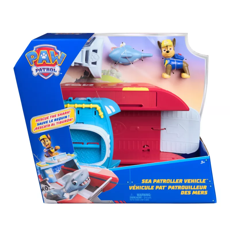 Pojazd Psi Patrol Sea Patroller z figurkami Chase i rekina, 2 tryby patrolowania, zabawki dla chłopców i dziewczynek od 3 lat