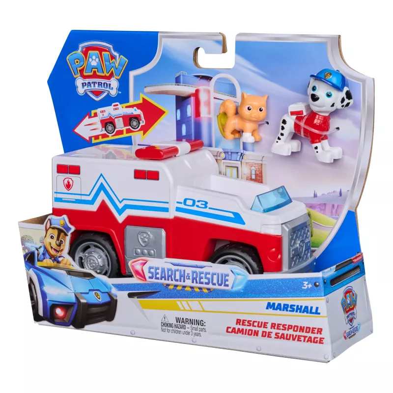PAW Patrol : Search & Rescue, pojazd Marshalla Rescue Responder z 2 figurkami, zabawkowy samochód z napędem pull-back, zabawki dla chłopców i dziewczynek od 3 lat