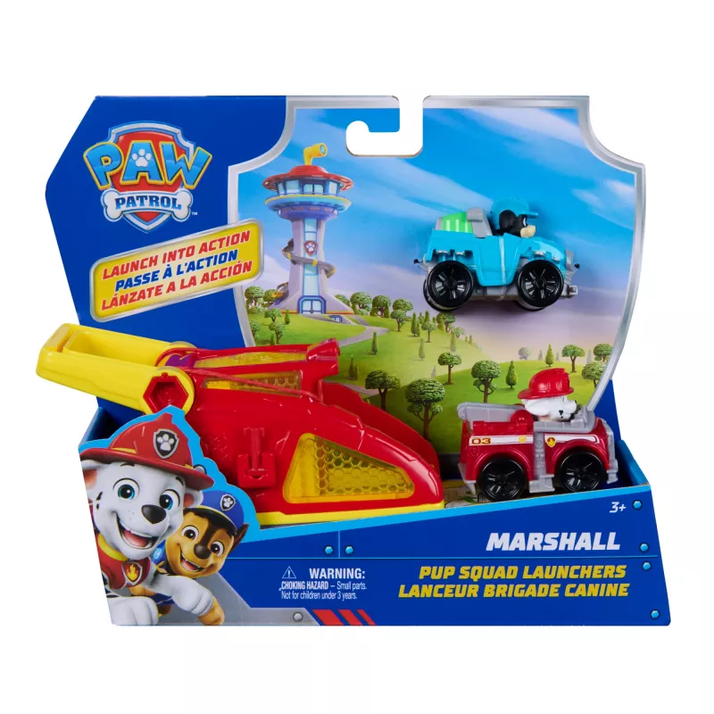 PAW Patrol Marshall Pup Squad Launchers z pojazdem Rex, zestaw 2 sztuk, zabawki dla chłopców i dziewczynek od 3 roku życia