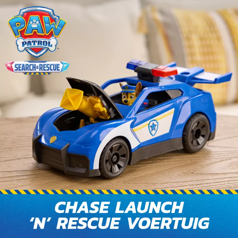 PAW Patrol : Search & Rescue, Chase Launch 'N' Rescue Cruiser z figurką i 2 pociskami, światłami, dźwiękami i ukrytą wyrzutnią, zabawki dla dzieci dla chłopców i dziewczynek od 3 lat