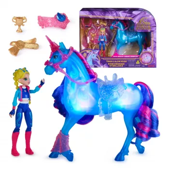 Unicorn Academy, Train & Glow Świecący Jednorożec River z Isabel, Pomysł na Prezent Wielkanocny, Lalki i Zabawki z Jednorożcami dla Dziewczynek, Zawiera 3 Akcesoria Treningowe